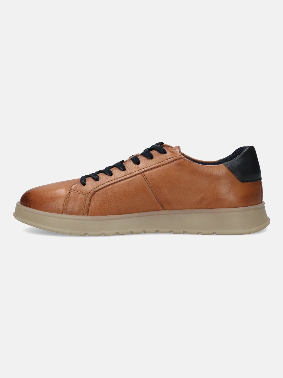 Cognac leather sneaker by bugatti with black laces and dark blue heel detail.