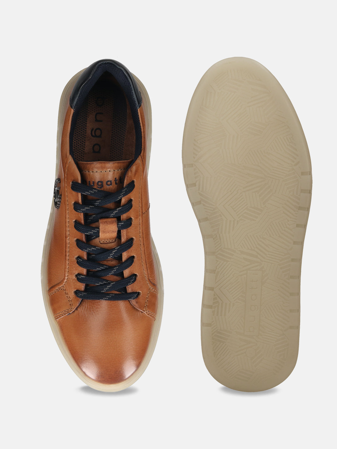 Cognac premium leather comfort sneakers by bugatti, displaying the sole with a textured pattern.