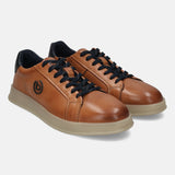 Cognac leather sneakers by bugatti with dark blue laces and collar detail, on a light beige sole.