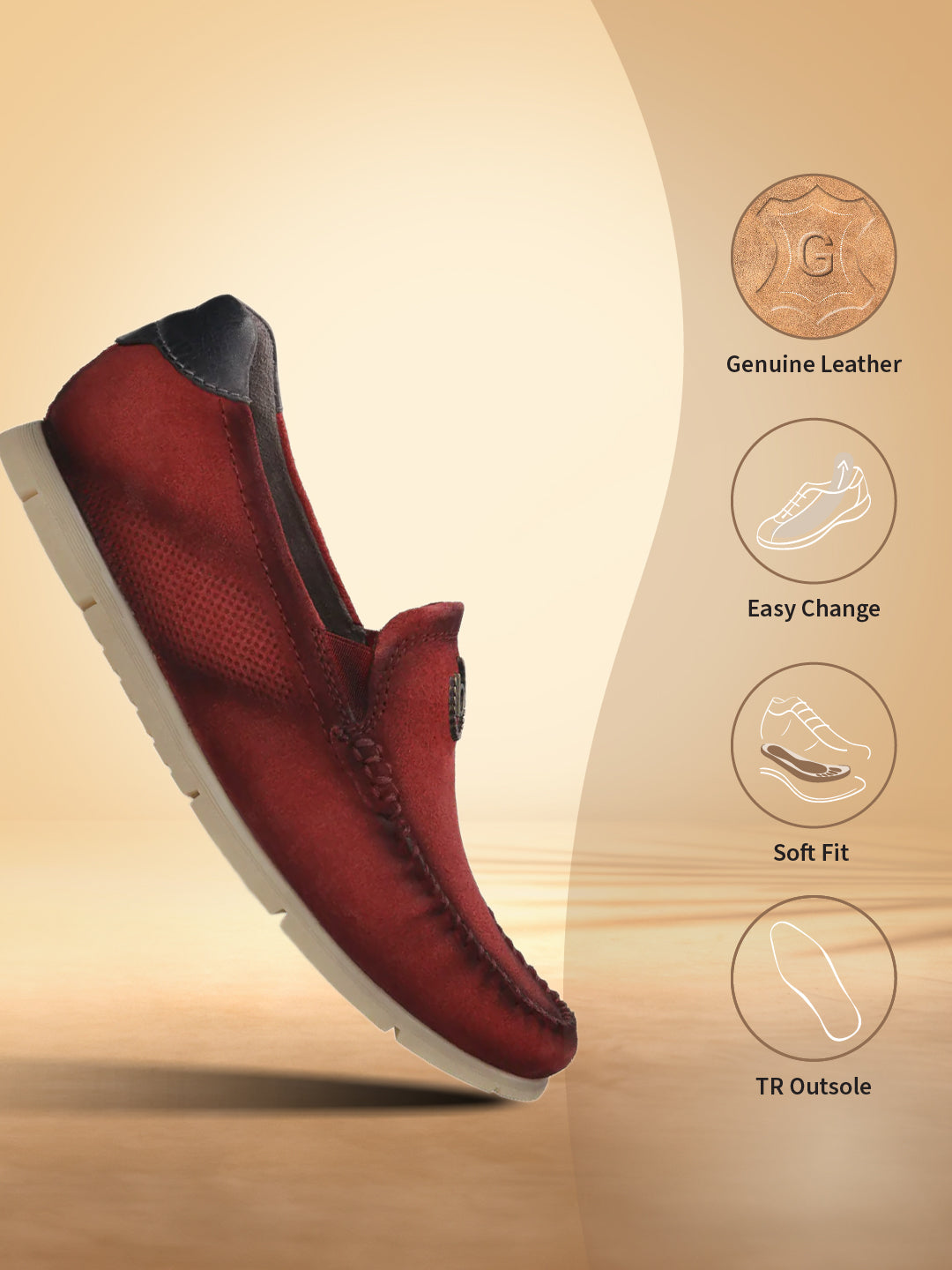 Red leather slip-on casual shoes by bugatti, with dark trim and perforated sides.