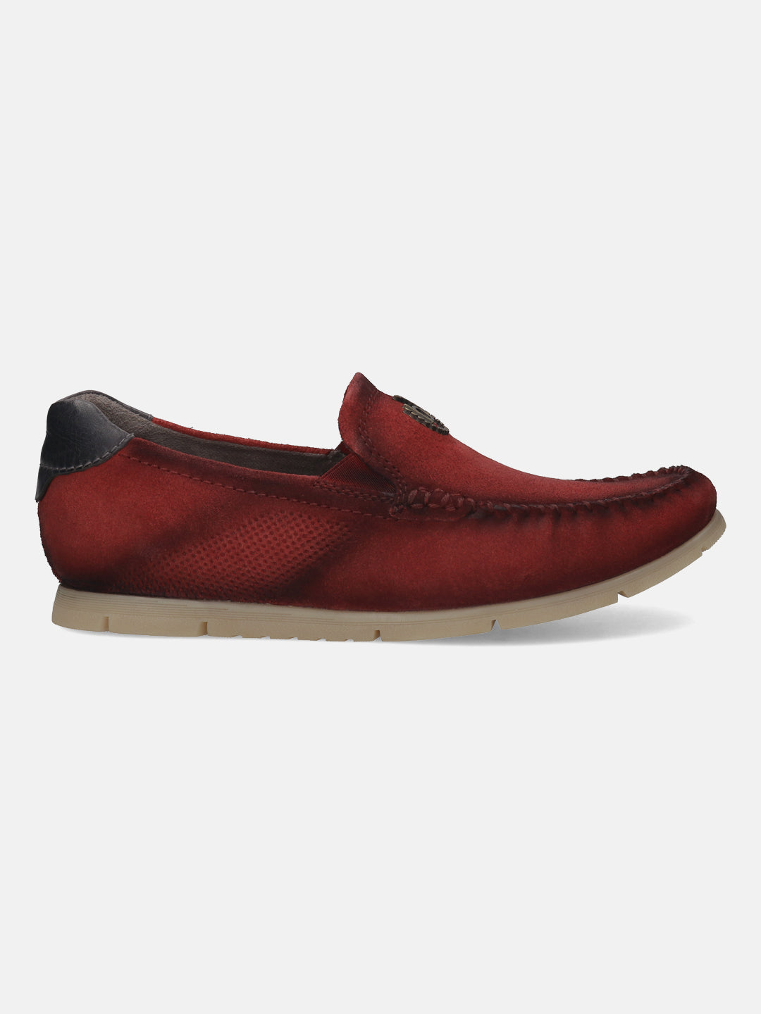 Red leather slip-on shoe by Bugatti, with a perforated texture and a tan sole, shown in a side view.