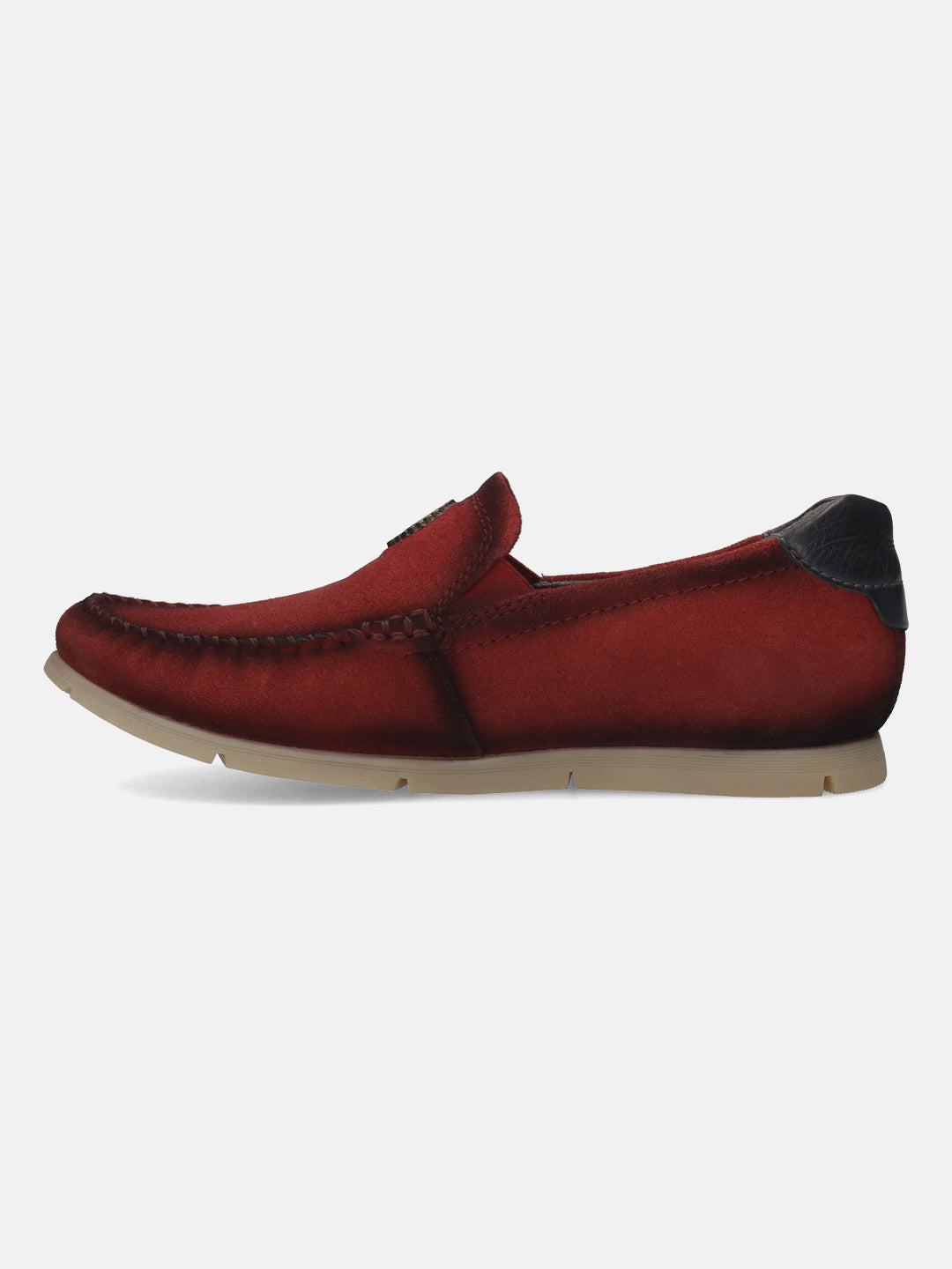Red leather slip-on shoe by bugatti, featuring moccasin stitching and a dark leather heel accent.