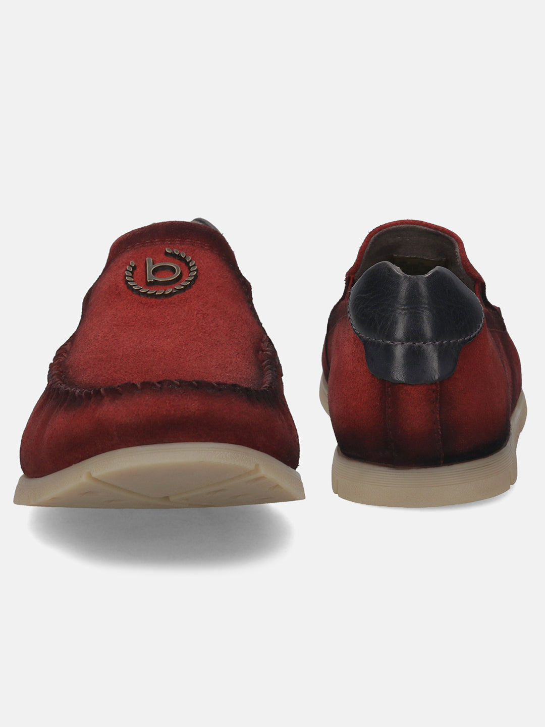 Red leather comfort slip-ons by bugatti, showing the back with a dark leather accent.