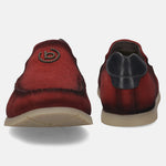 Red leather comfort slip-ons by bugatti, showing the back with a dark leather accent.