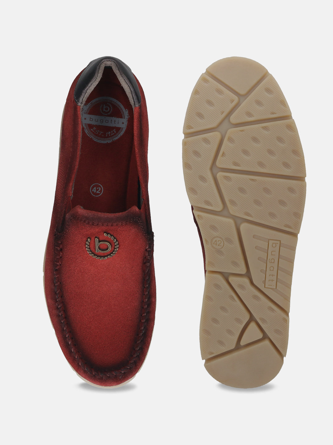 Red leather casual slip-ons by bugatti, featuring cushioned insoles and a patterned rubber sole.