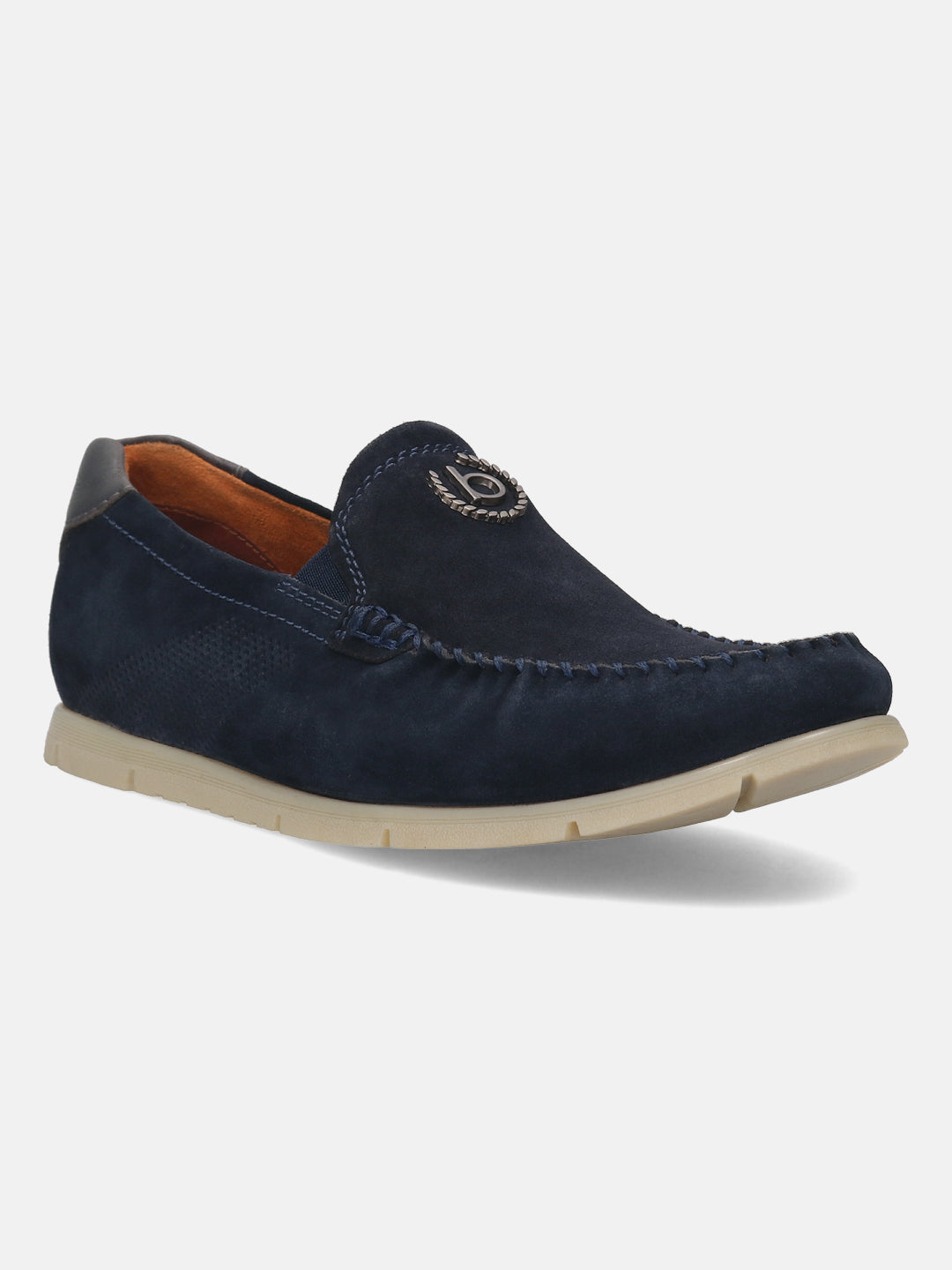 Dark blue leather slip-on shoe by bugatti, featuring decorative stitching and a metal logo accent.