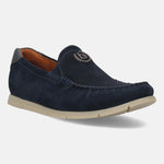 Dark blue leather slip-on shoe by bugatti, featuring decorative stitching and a metal logo accent.
