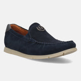 Dark blue leather slip-on shoe by bugatti, featuring decorative stitching and a metal logo accent.
