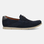 A blue Men's bugatti Casual Loafers featuring a round plain toe, zero heels heel. Made from suede leather with a durable tr outsole, this slip-on design offers both style and comfort.