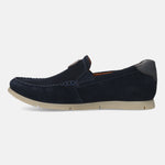A blue Men's bugatti Casual Loafers featuring a round plain toe, zero heels heel. Made from suede leather with a durable tr outsole, this slip-on design offers both style and comfort.
