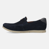 A blue Men's bugatti Casual Loafers featuring a round plain toe, zero heels heel. Made from suede leather with a durable tr outsole, this slip-on design offers both style and comfort.