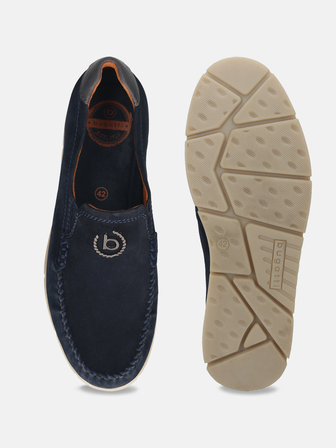 Dark blue leather slip-on casual shoes by bugatti, showing top and sole views, with decorative stitching.