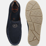 Dark blue leather slip-on casual shoes by bugatti, showing top and sole views, with decorative stitching.