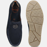 Dark blue leather slip-on casual shoes by bugatti, showing top and sole views, with decorative stitching.