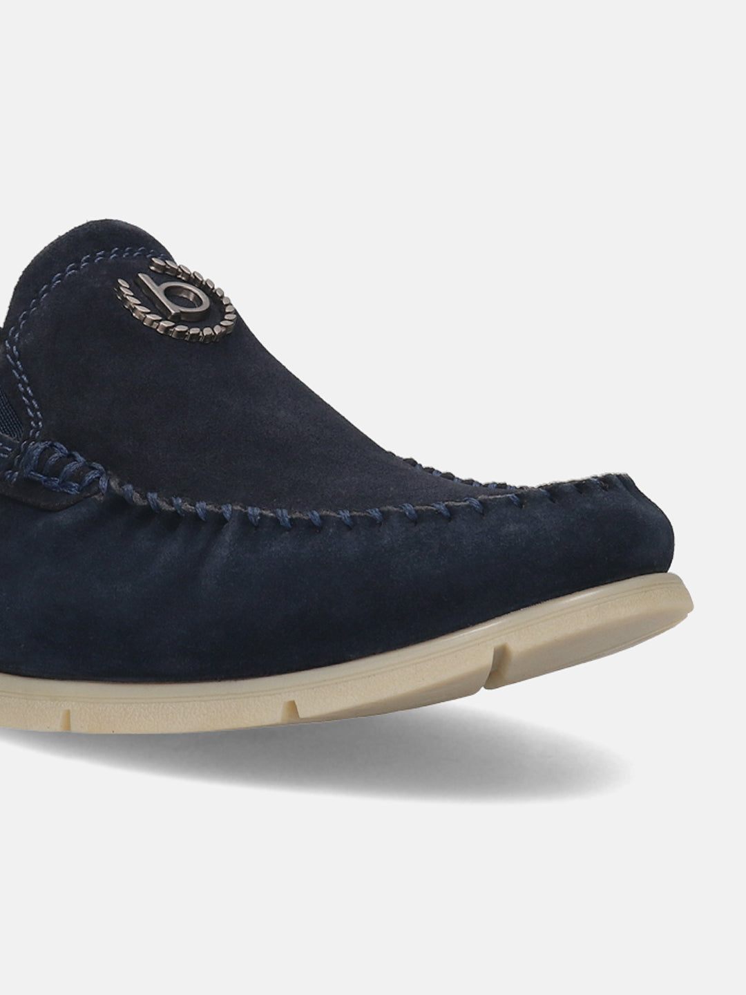 A blue Men's bugatti Casual Loafers featuring a round plain toe, zero heels heel. Made from suede leather with a durable tr outsole, this slip-on design offers both style and comfort.
