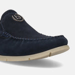 A blue Men's bugatti Casual Loafers featuring a round plain toe, zero heels heel. Made from suede leather with a durable tr outsole, this slip-on design offers both style and comfort.