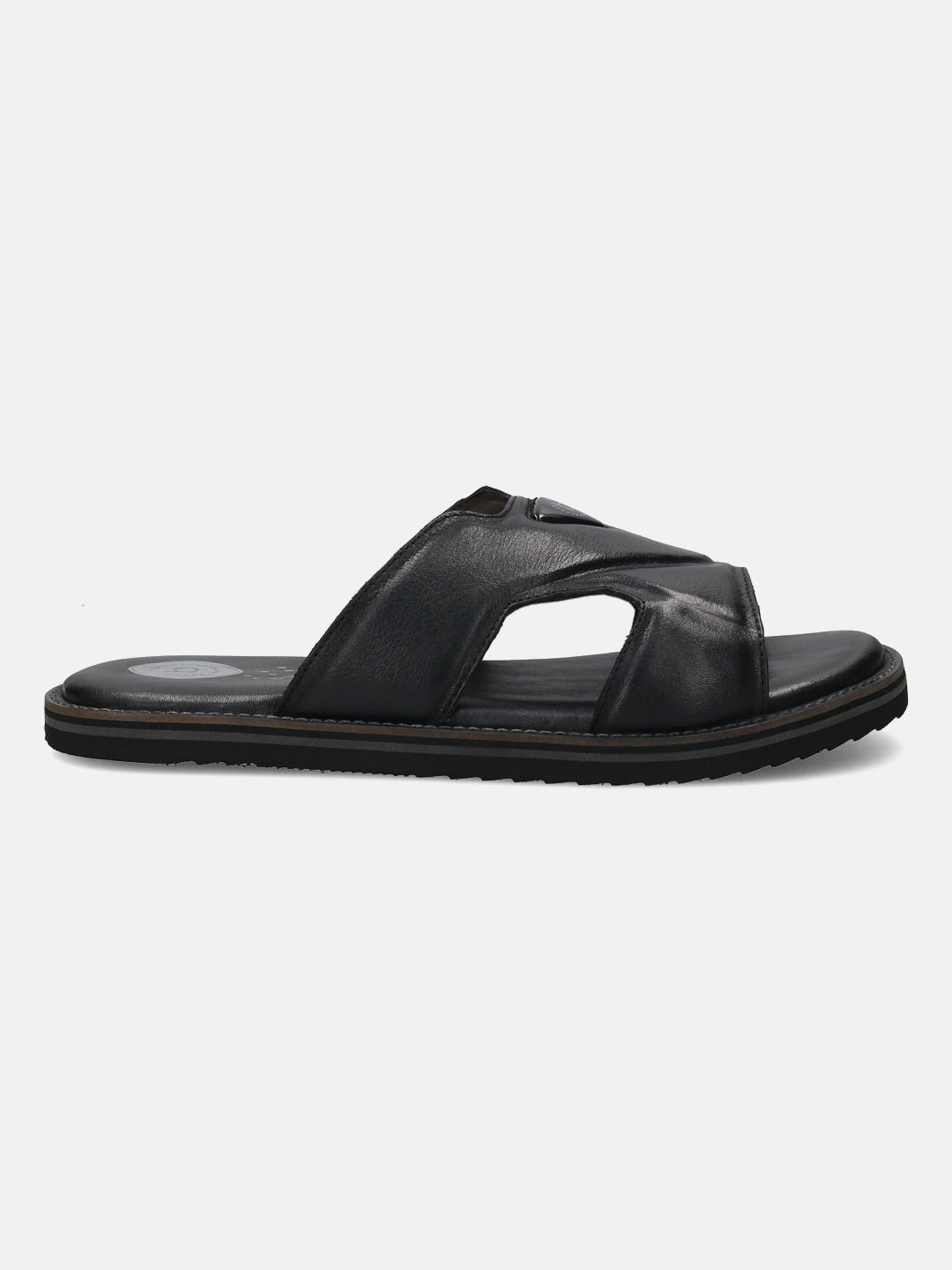 A black Men's bugatti Mules featuring a round toe plain toe, zero heels heel, and a wide fit. Made from premium genuine leather with a durable eva outsole, this slip-on design offers both style and comfort.