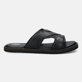 A black Men's bugatti Mules featuring a round toe plain toe, zero heels heel, and a wide fit. Made from premium genuine leather with a durable eva outsole, this slip-on design offers both style and comfort.