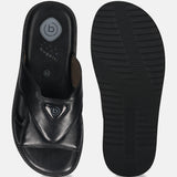 A black Men's bugatti Mules featuring a round toe plain toe, zero heels heel, and a wide fit. Made from premium genuine leather with a durable eva outsole, this slip-on design offers both style and comfort.
