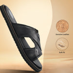 A black Men's bugatti Mules featuring a round toe plain toe, zero heels heel, and a wide fit. Made from premium genuine leather with a durable eva outsole, this slip-on design offers both style and comfort.