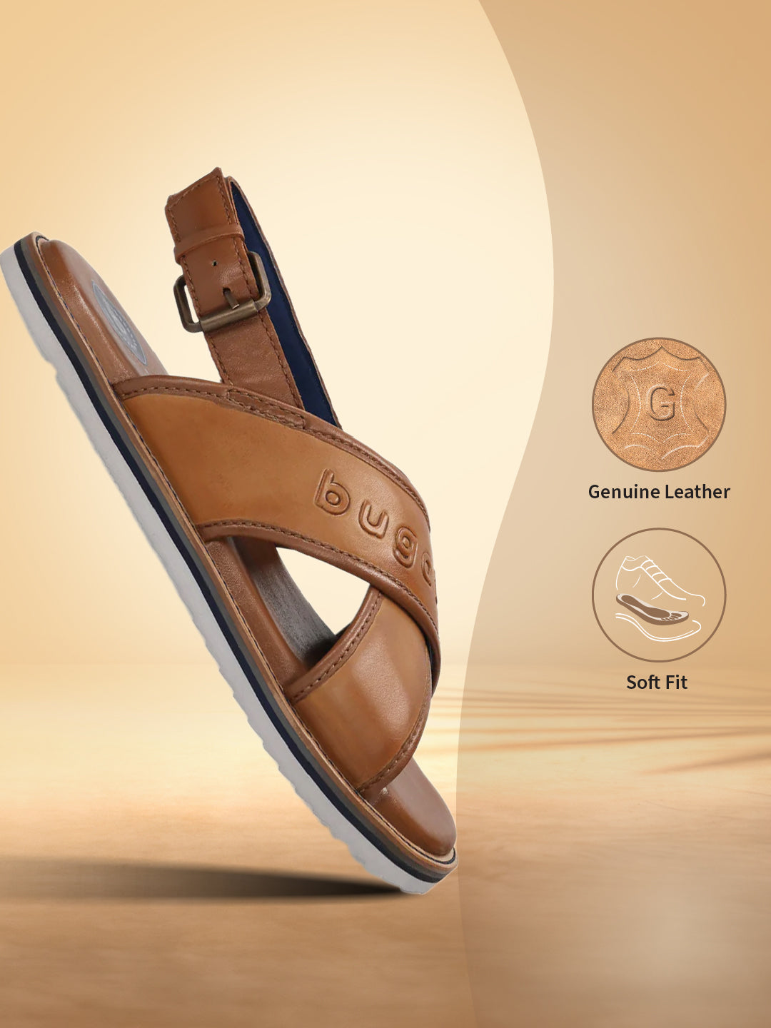 A cognac Men's bugatti Back Strap Sandals featuring a open toe plain toe, zero heels heel, and a wide fit. Made from premium genuine leather with a durable eva outsole, this buckle design offers both style and comfort.