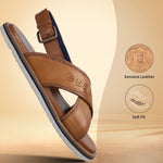 A cognac Men's bugatti Back Strap Sandals featuring a open toe plain toe, zero heels heel, and a wide fit. Made from premium genuine leather with a durable eva outsole, this buckle design offers both style and comfort.