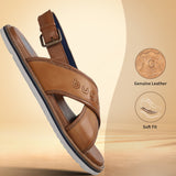 A cognac Men's bugatti Back Strap Sandals featuring a open toe plain toe, zero heels heel, and a wide fit. Made from premium genuine leather with a durable eva outsole, this buckle design offers both style and comfort.