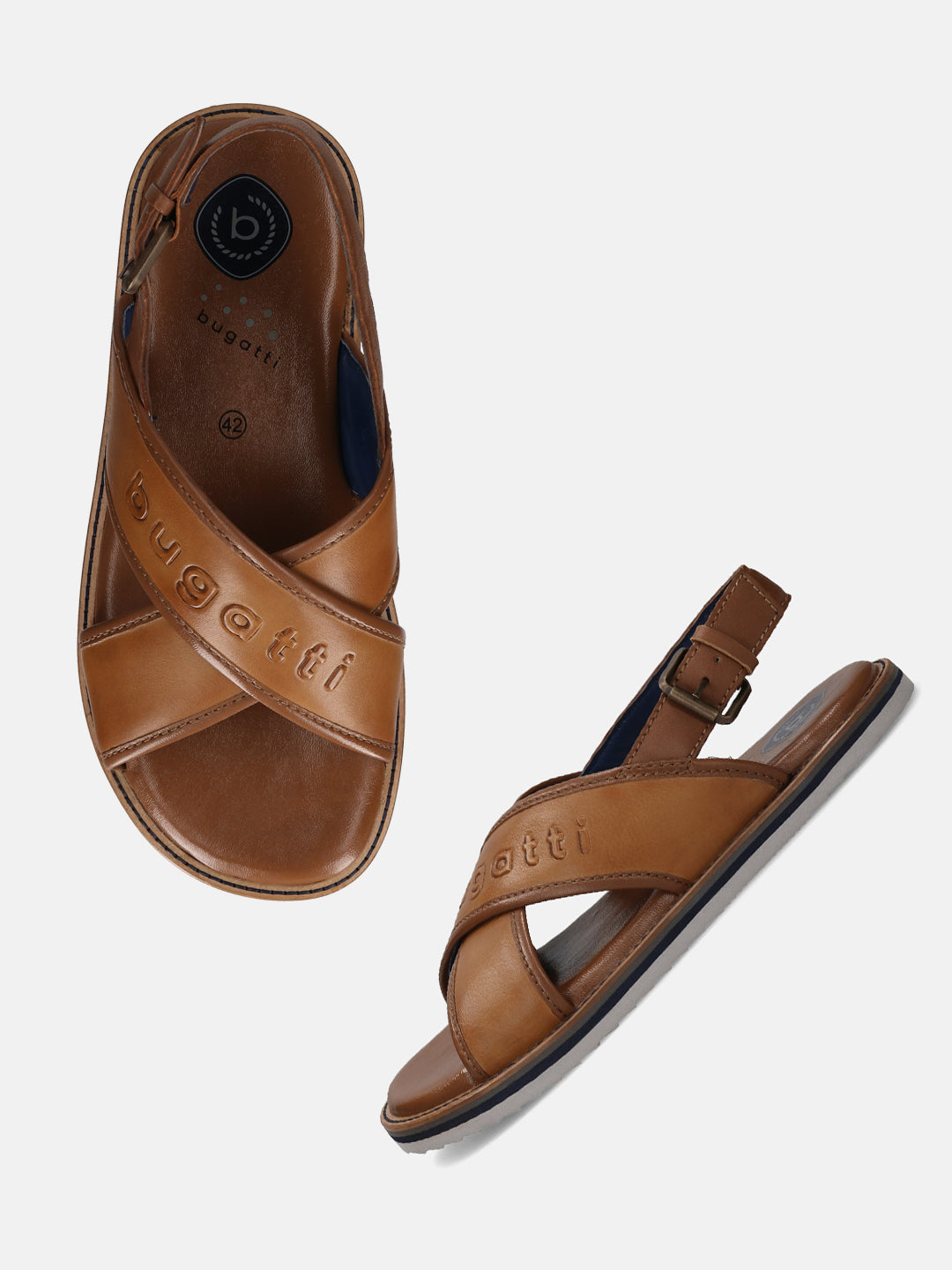 A cognac Men's bugatti Back Strap Sandals featuring a open toe plain toe, zero heels heel, and a wide fit. Made from premium genuine leather with a durable eva outsole, this buckle design offers both style and comfort.