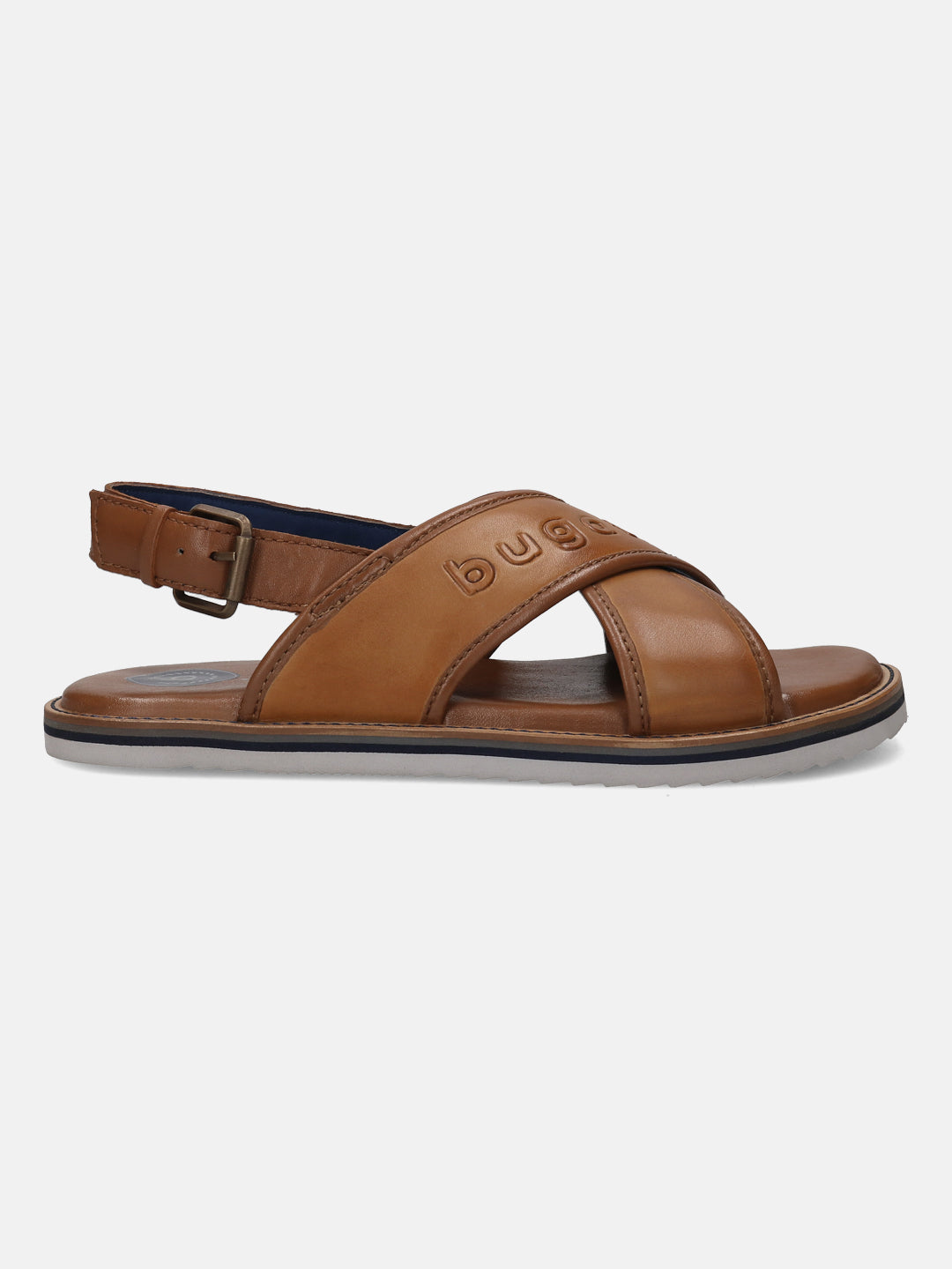 A cognac Men's bugatti Back Strap Sandals featuring a open toe plain toe, zero heels heel, and a wide fit. Made from premium genuine leather with a durable eva outsole, this buckle design offers both style and comfort.