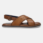 A cognac Men's bugatti Back Strap Sandals featuring a open toe plain toe, zero heels heel, and a wide fit. Made from premium genuine leather with a durable eva outsole, this buckle design offers both style and comfort.