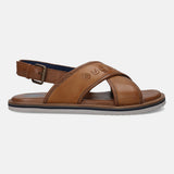 A cognac Men's bugatti Back Strap Sandals featuring a open toe plain toe, zero heels heel, and a wide fit. Made from premium genuine leather with a durable eva outsole, this buckle design offers both style and comfort.
