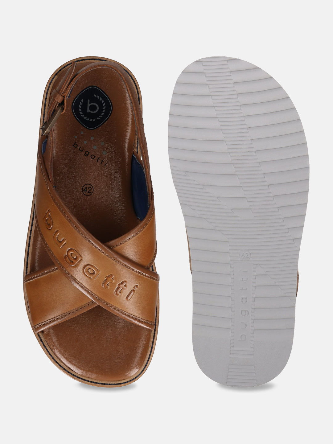 A cognac Men's bugatti Back Strap Sandals featuring a open toe plain toe, zero heels heel, and a wide fit. Made from premium genuine leather with a durable eva outsole, this buckle design offers both style and comfort.