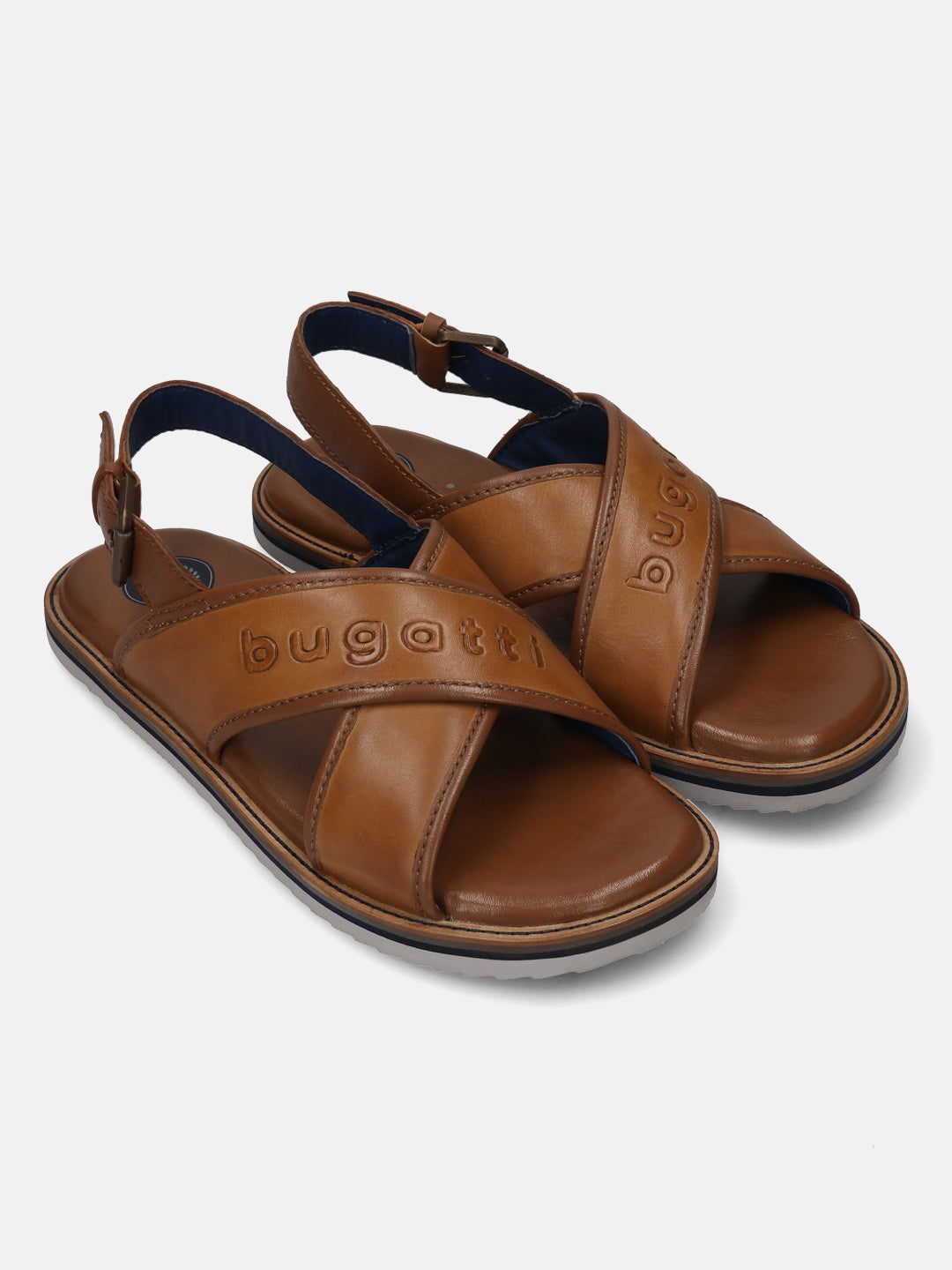 A cognac Men's bugatti Back Strap Sandals featuring a open toe plain toe, zero heels heel, and a wide fit. Made from premium genuine leather with a durable eva outsole, this buckle design offers both style and comfort.