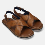 A cognac Men's bugatti Back Strap Sandals featuring a open toe plain toe, zero heels heel, and a wide fit. Made from premium genuine leather with a durable eva outsole, this buckle design offers both style and comfort.