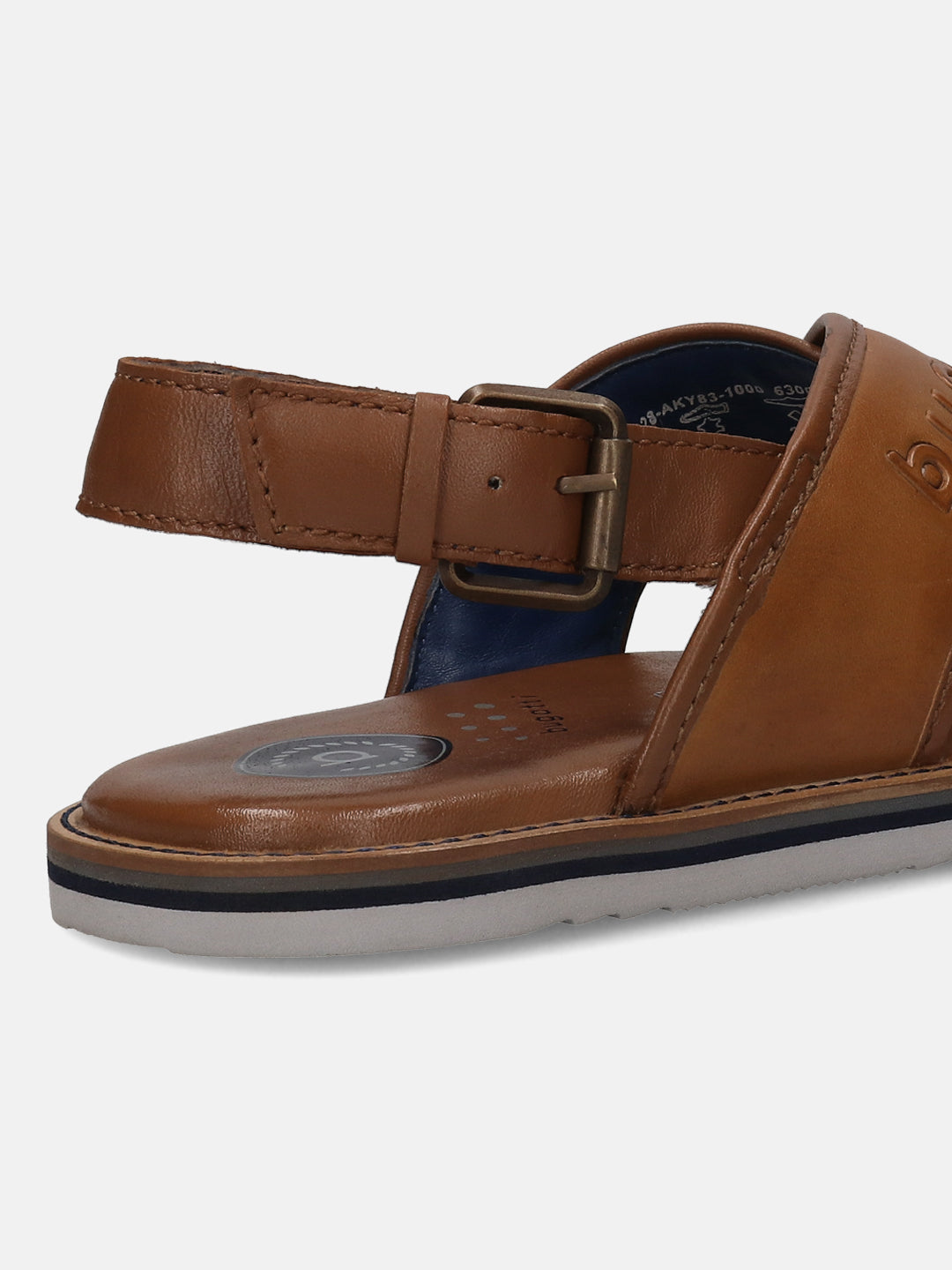 A cognac Men's bugatti Back Strap Sandals featuring a open toe plain toe, zero heels heel, and a wide fit. Made from premium genuine leather with a durable eva outsole, this buckle design offers both style and comfort.