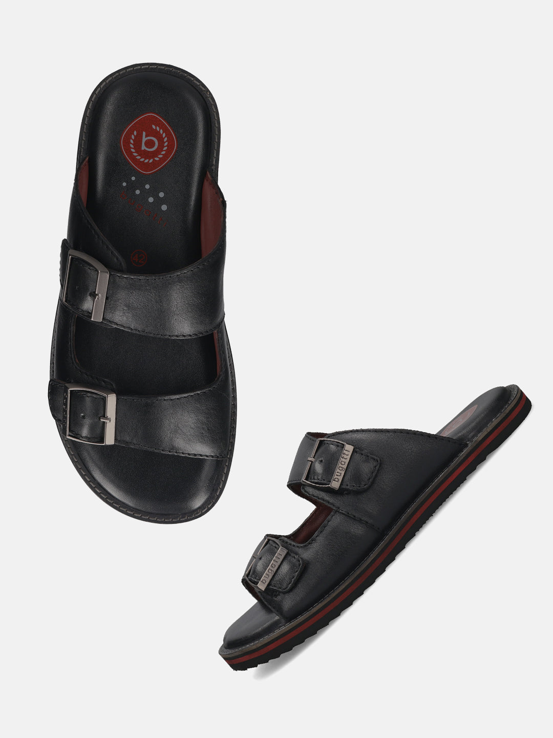 A black Men's bugatti Mules featuring a round toe plain toe, zero heels heel. Made from premium genuine leather with a durable eva outsole, this slip-on design offers both style and comfort.
