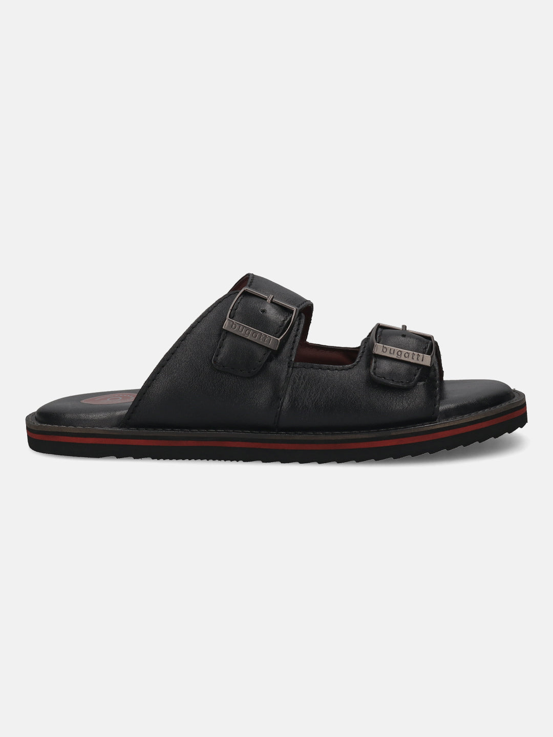 A black Men's bugatti Mules featuring a round toe plain toe, zero heels heel. Made from premium genuine leather with a durable eva outsole, this slip-on design offers both style and comfort.