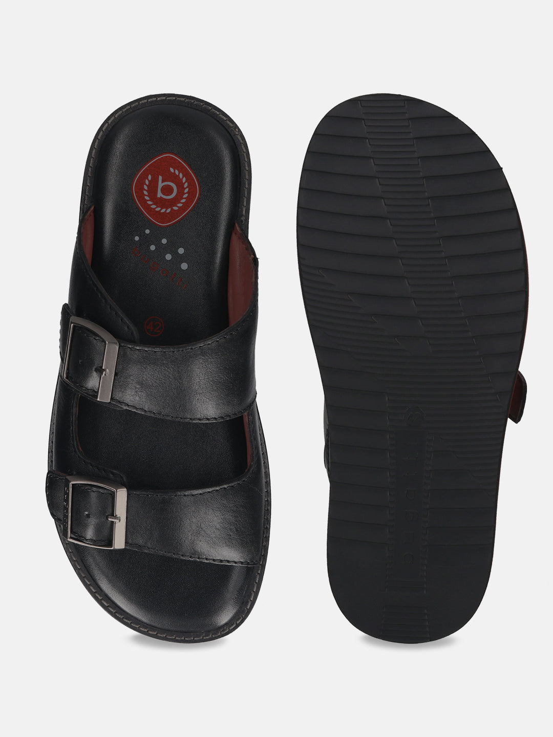 A black Men's bugatti Mules featuring a round toe plain toe, zero heels heel. Made from premium genuine leather with a durable eva outsole, this slip-on design offers both style and comfort.
