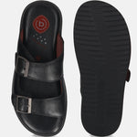 A black Men's bugatti Mules featuring a round toe plain toe, zero heels heel. Made from premium genuine leather with a durable eva outsole, this slip-on design offers both style and comfort.