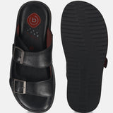 A black Men's bugatti Mules featuring a round toe plain toe, zero heels heel. Made from premium genuine leather with a durable eva outsole, this slip-on design offers both style and comfort.