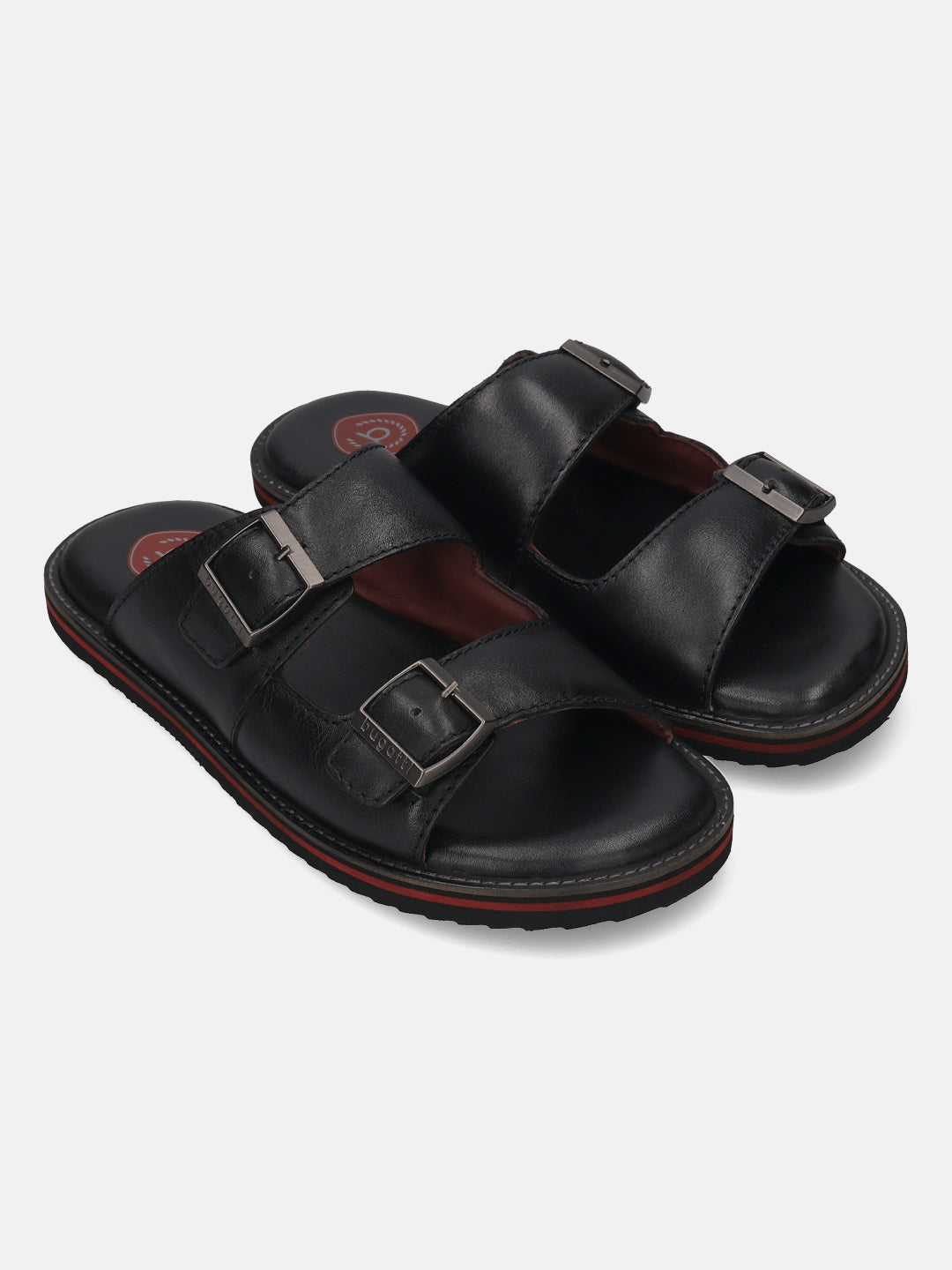 A black Men's bugatti Mules featuring a round toe plain toe, zero heels heel. Made from premium genuine leather with a durable eva outsole, this slip-on design offers both style and comfort.