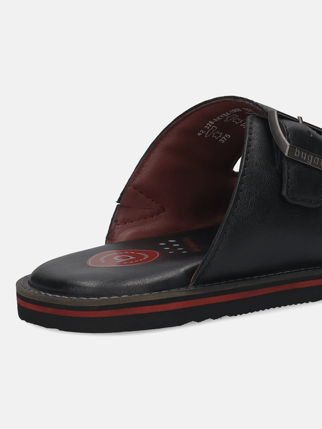 A black Men's bugatti Mules featuring a round toe plain toe, zero heels heel. Made from premium genuine leather with a durable eva outsole, this slip-on design offers both style and comfort.