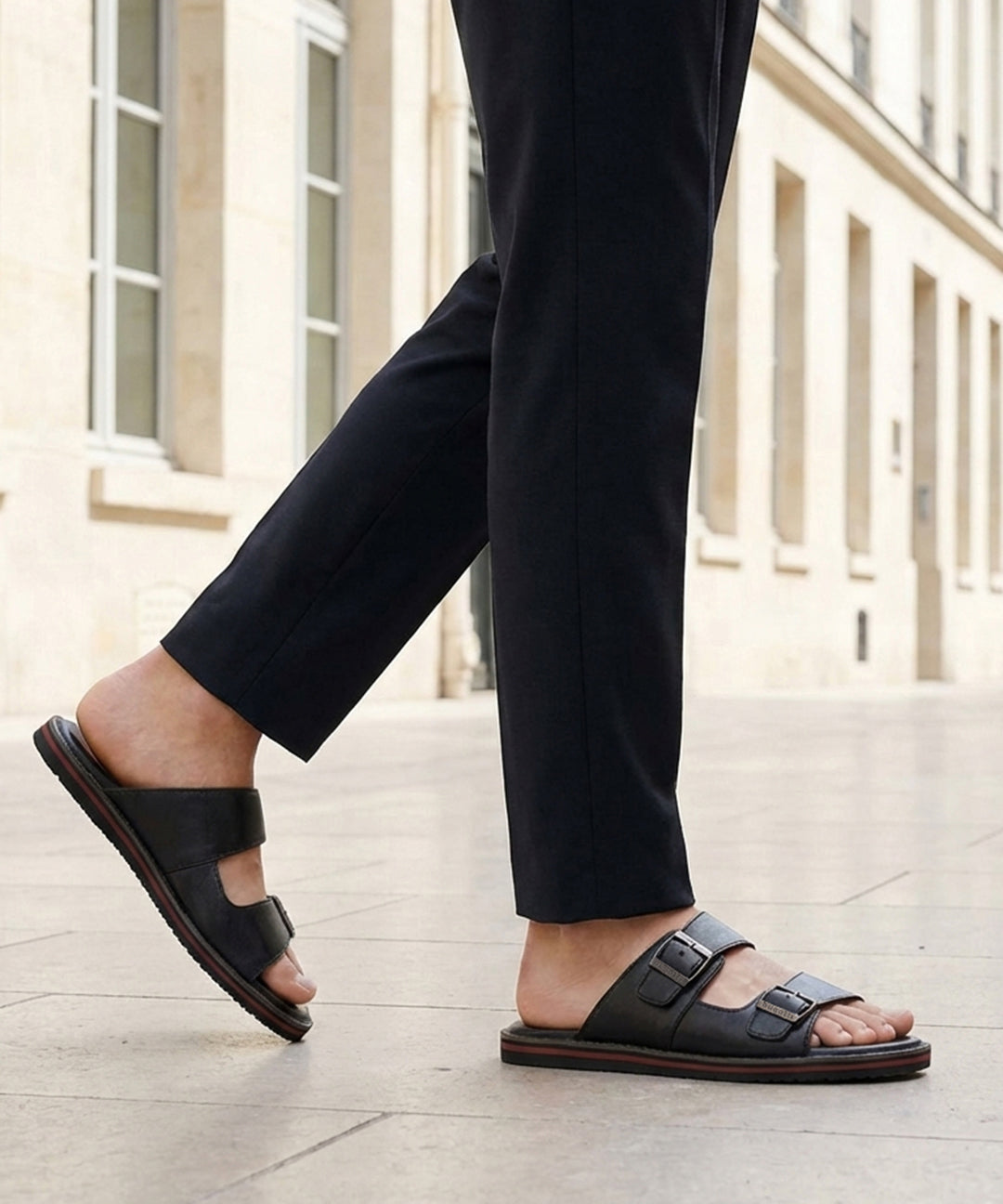 bugatti Cobie black leather sandals with adjustable buckle straps and red stripe on the sole.
