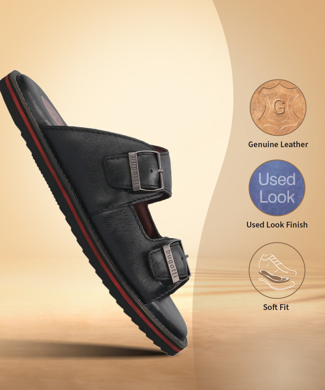 A black Men's bugatti Mules featuring a round toe plain toe, zero heels heel. Made from premium genuine leather with a durable eva outsole, this slip-on design offers both style and comfort.