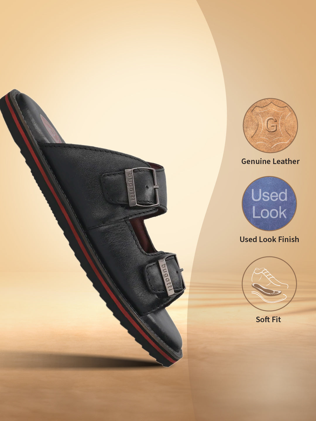 A black Men's bugatti Mules featuring a round toe plain toe, zero heels heel. Made from premium genuine leather with a durable eva outsole, this slip-on design offers both style and comfort.