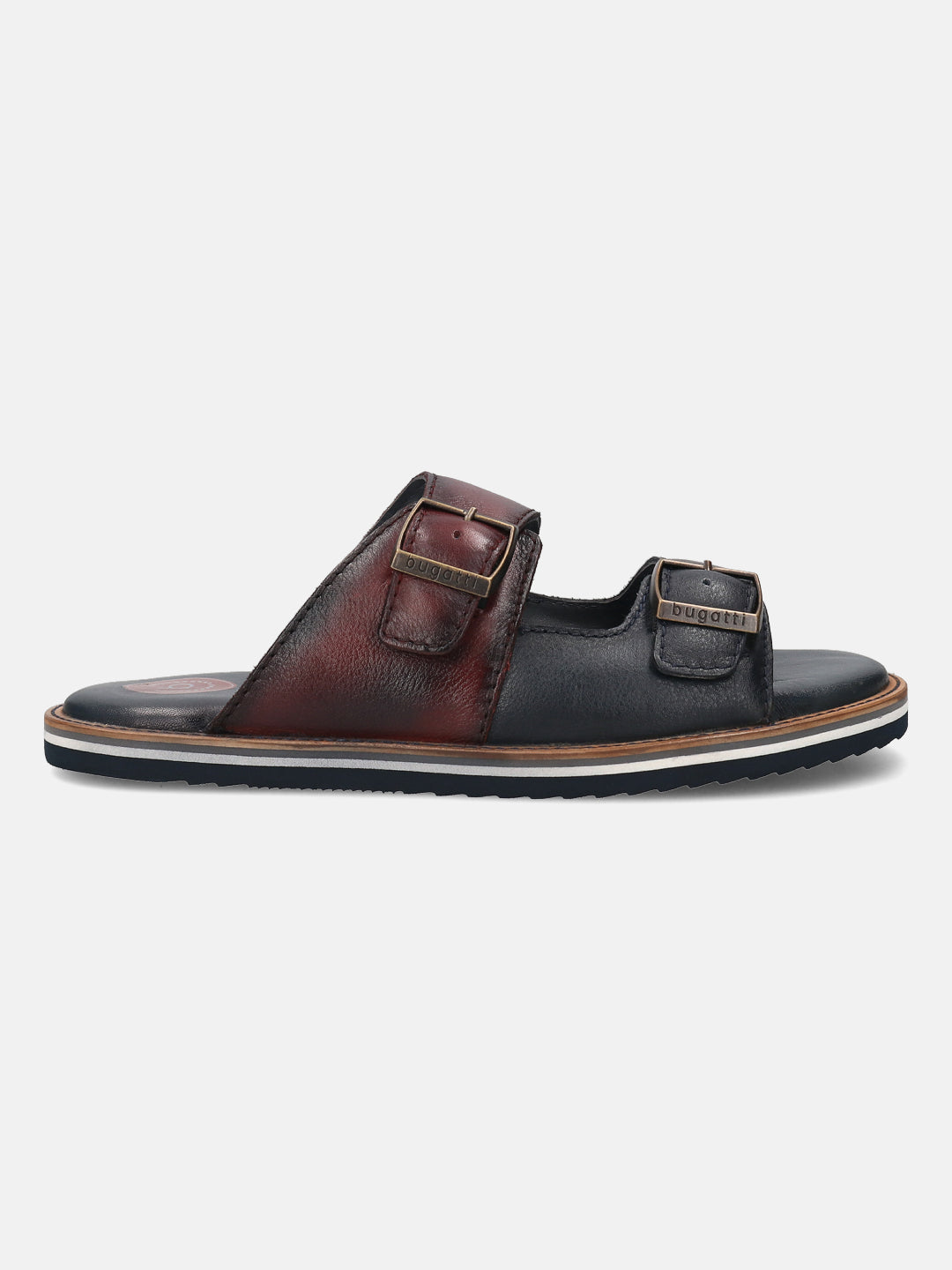 A blue Men's bugatti Mules featuring a round toe plain toe, zero heels heel. Made from premium genuine leather with a durable eva outsole, this slip-on design offers both style and comfort.