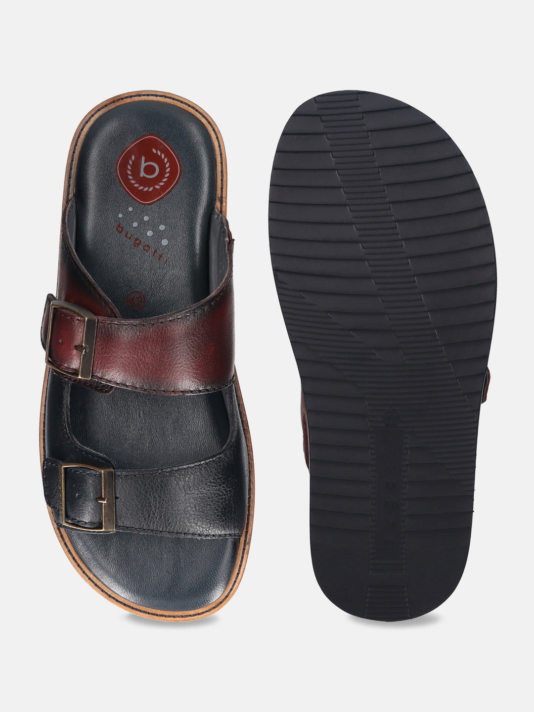 A blue Men's bugatti Mules featuring a round toe plain toe, zero heels heel. Made from premium genuine leather with a durable eva outsole, this slip-on design offers both style and comfort.