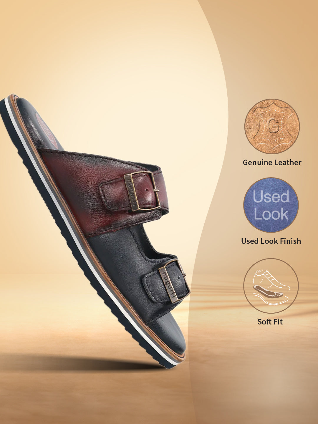 A blue Men's bugatti Mules featuring a round toe plain toe, zero heels heel. Made from premium genuine leather with a durable eva outsole, this slip-on design offers both style and comfort.