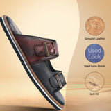 A blue Men's bugatti Mules featuring a round toe plain toe, zero heels heel. Made from premium genuine leather with a durable eva outsole, this slip-on design offers both style and comfort.