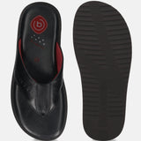 A black Men's bugatti Thongs featuring a open toe plain toe, zero heels heel, and a wide fit. Made from premium genuine leather with a durable eva outsole, this slip-on design offers both style and comfort.
